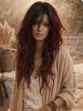 STUNNING OMBRÉ  WIG, DARK TO COOL RED LAYER WITH BANG